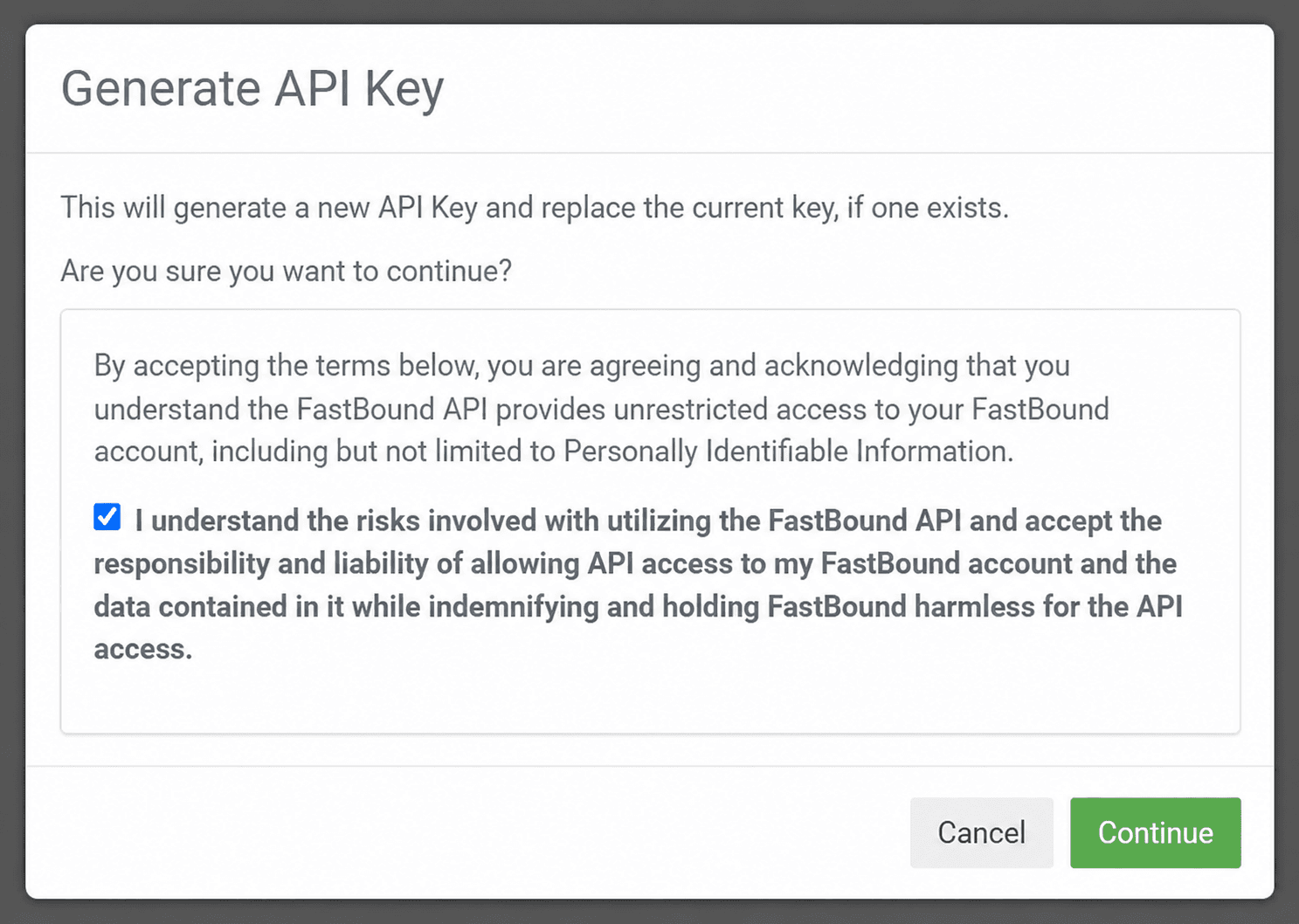 FastBound Generate API Key confirmation message
