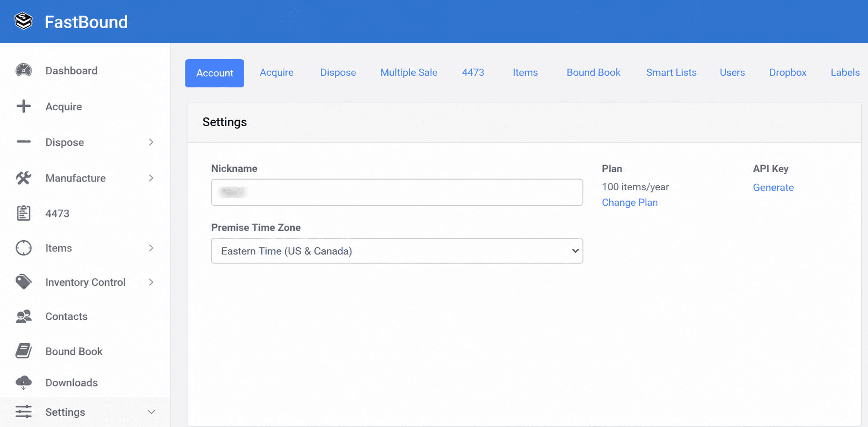 FastBound Settings page showing the API Key Generate link